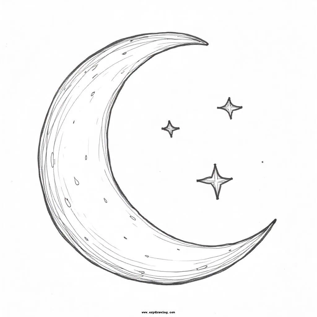 A minimal sketch of a crescent moon surrounded by stars, perfect for practicing easy curves and adding a nighttime vibe.