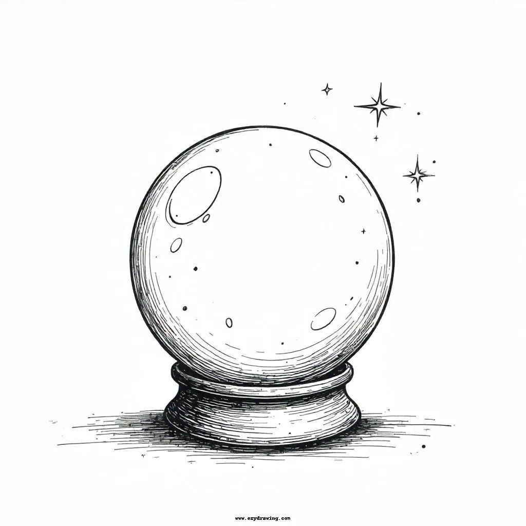  A simple drawing of a crystal ball on a stand with stars around it, great for exploring magical and mystical themes.