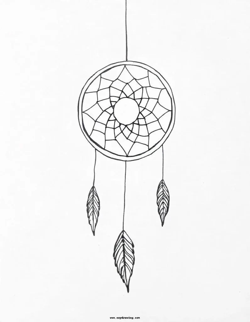 An easy line art of a dreamcatcher with a web and hanging feathers, perfect for practicing symmetry and small details.