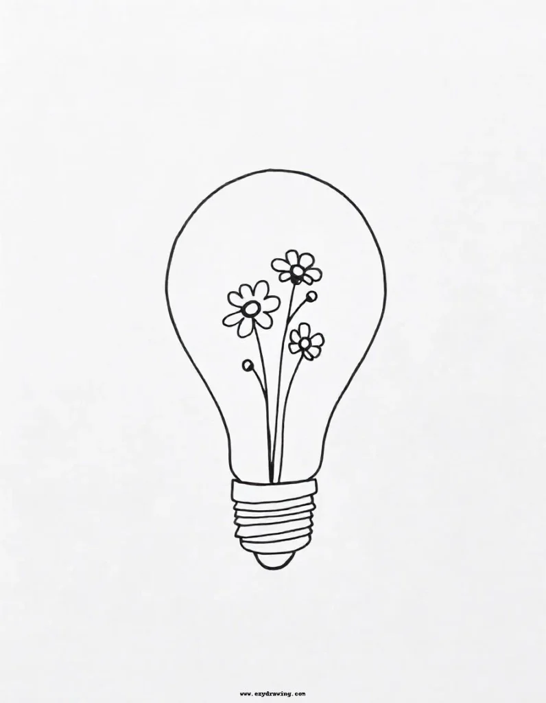 A creative and simple sketch of a lightbulb with flowers inside, ideal for merging basic shapes with floral designs.