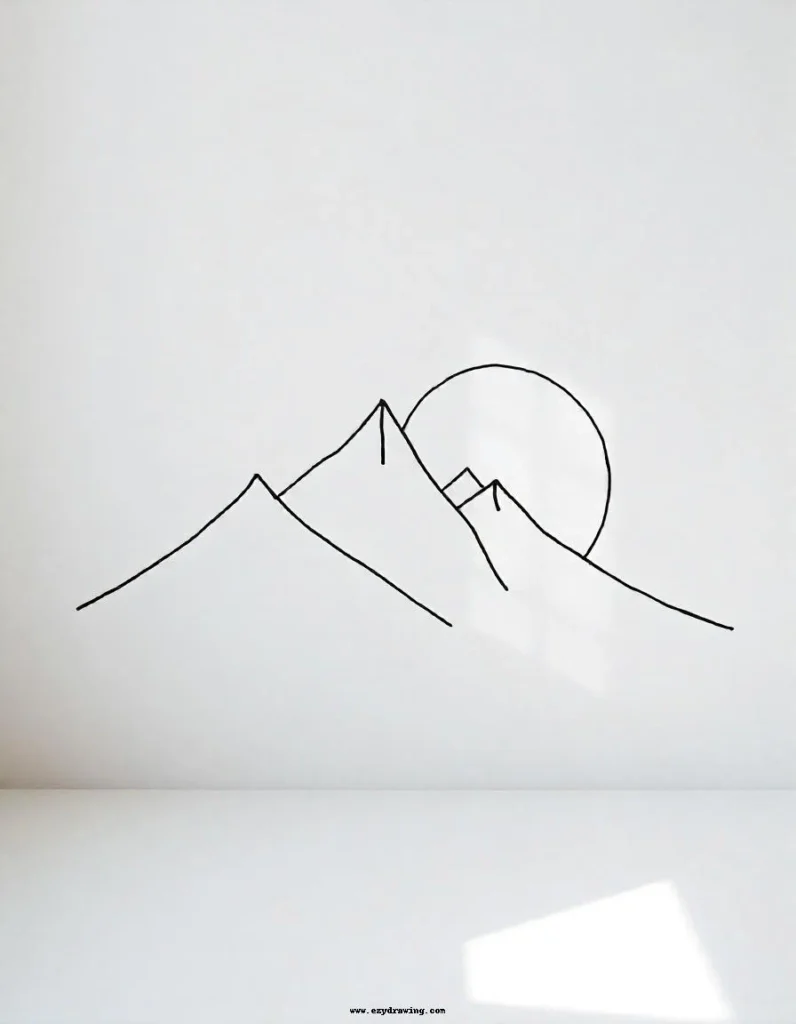 An easy sketch of mountain peaks with a sun above, perfect for exploring rugged yet simple shapes.