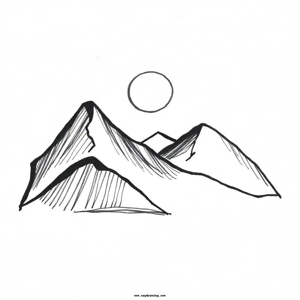 : A minimal line drawing of a mountain range with a sun, ideal for practicing simple and serene scenery.