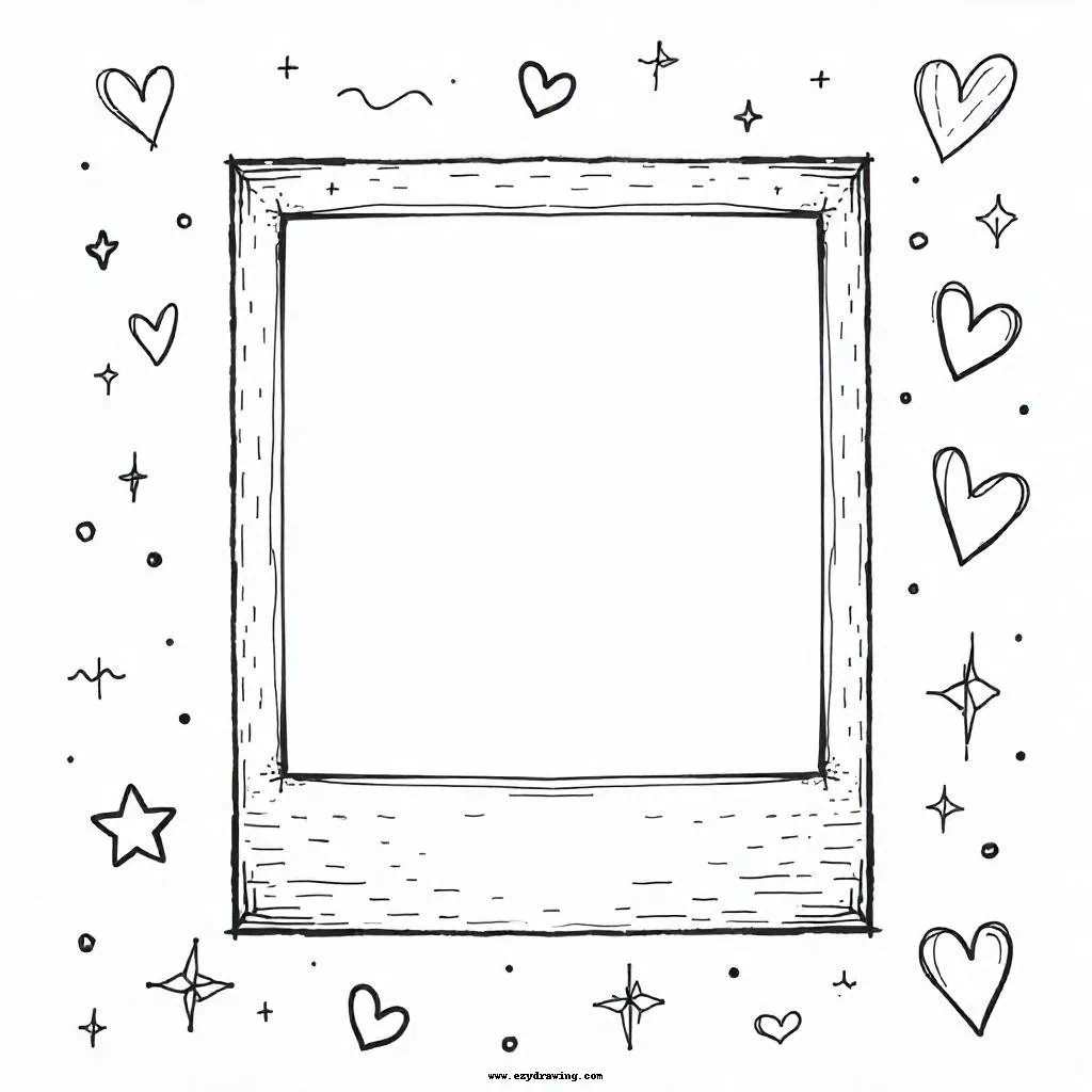  A simple decorative frame with hearts and stars around it, perfect for practicing borders and playful elements.