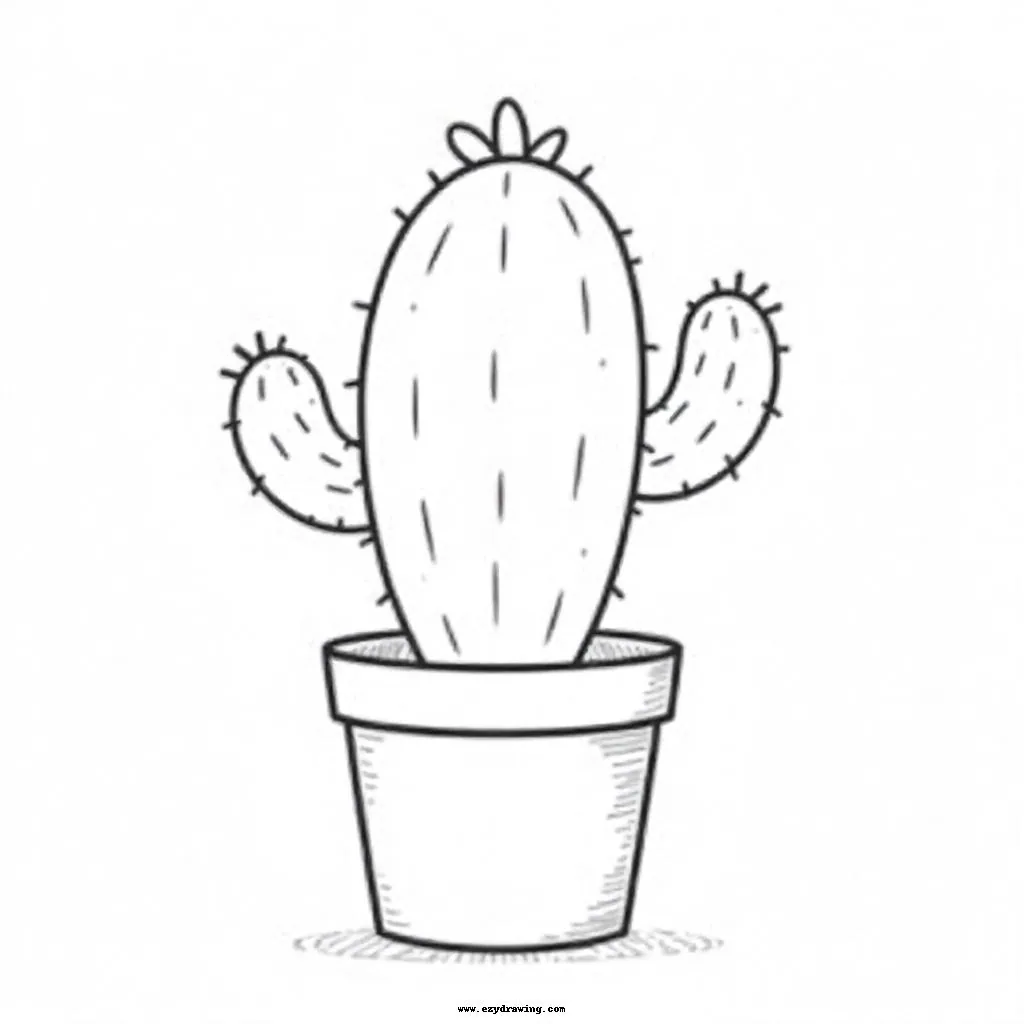 An easy and cute sketch of a potted cactus, ideal for learning to draw basic plant shapes.

