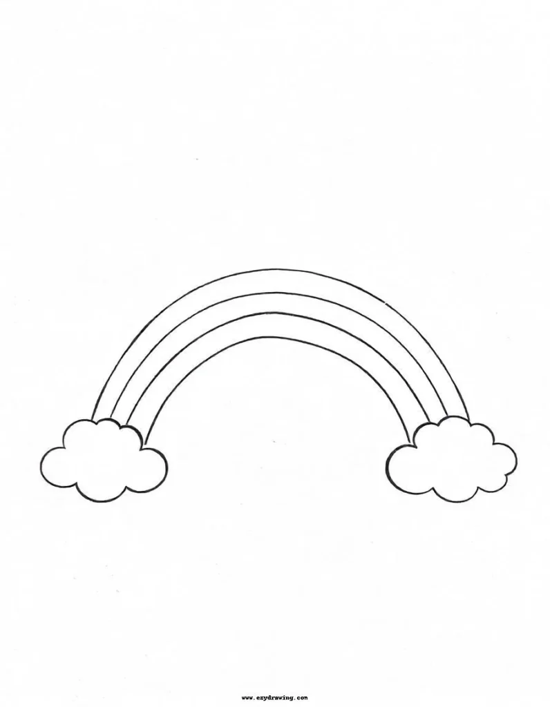 A cheerful and beginner-friendly drawing of a rainbow with clouds, perfect for practicing arcs and soft shapes.