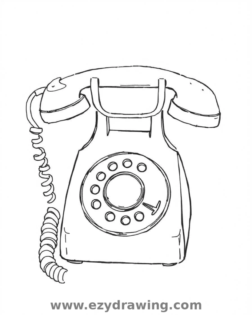 A simple line drawing of a vintage rotary phone, perfect for practicing curves and circles in an easy sketch idea.