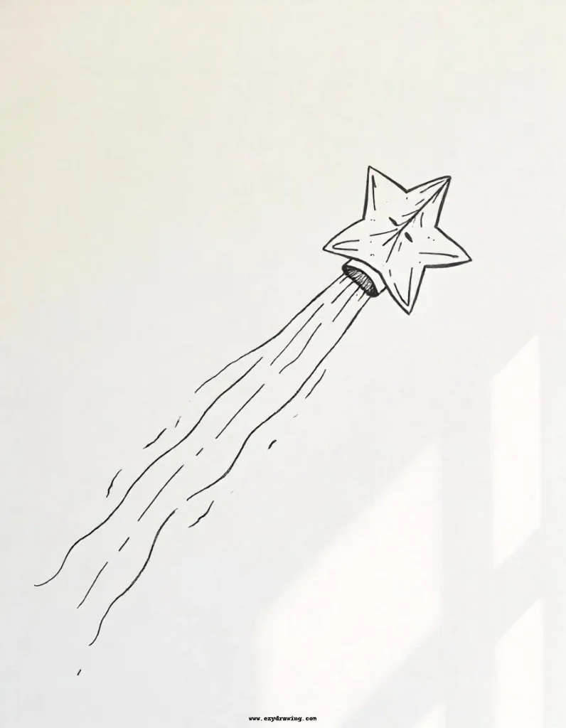 A minimalist drawing of a shooting star with a long trail, great for beginners to explore smooth and dynamic lines.