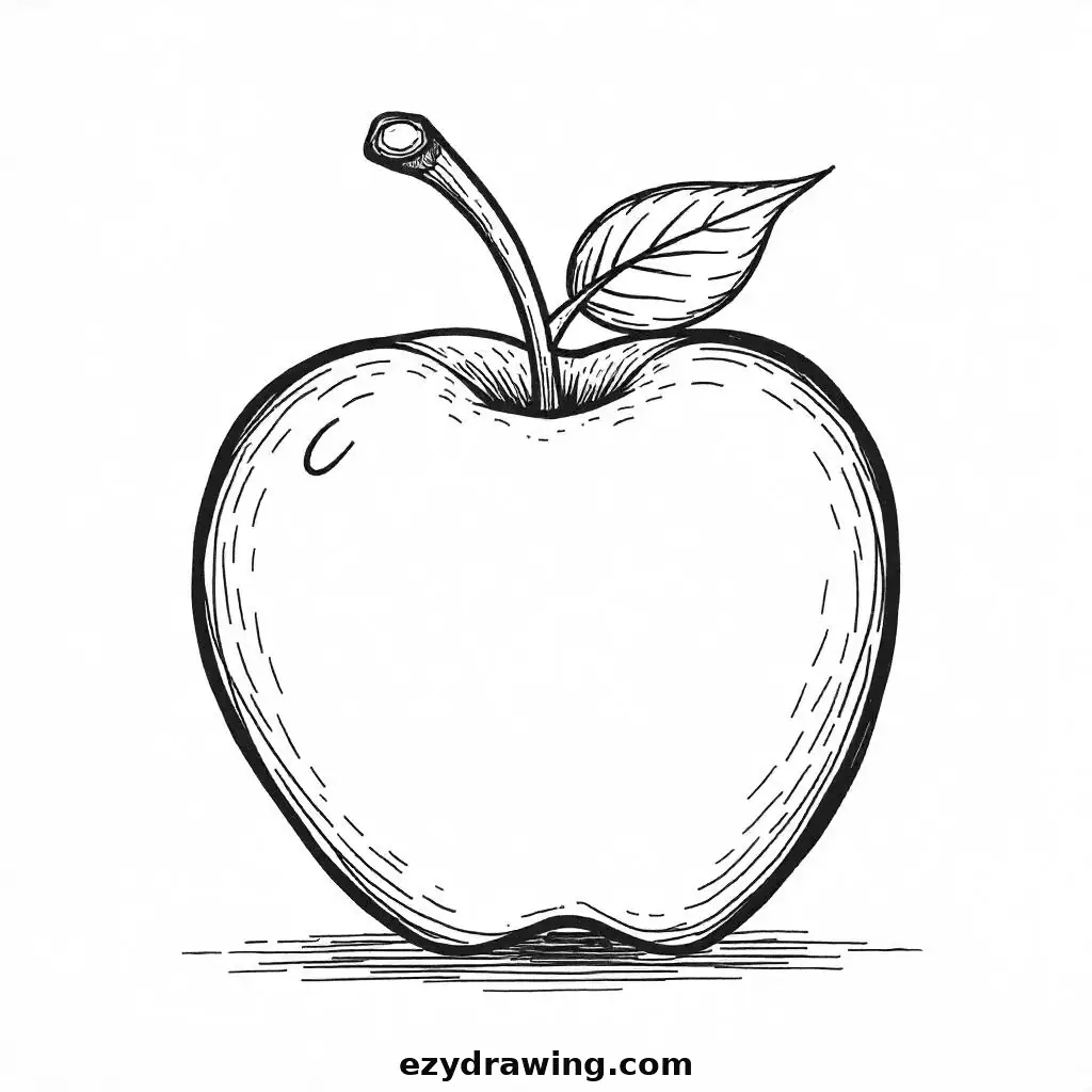 Minimalist apple sketch with a small leaf on the stem
