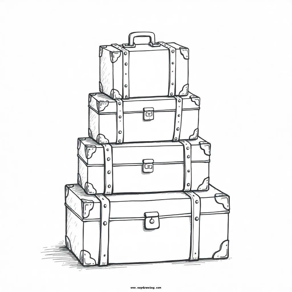 A sketch of four stacked vintage suitcases with detailed buckles and straps, representing travel and adventure.