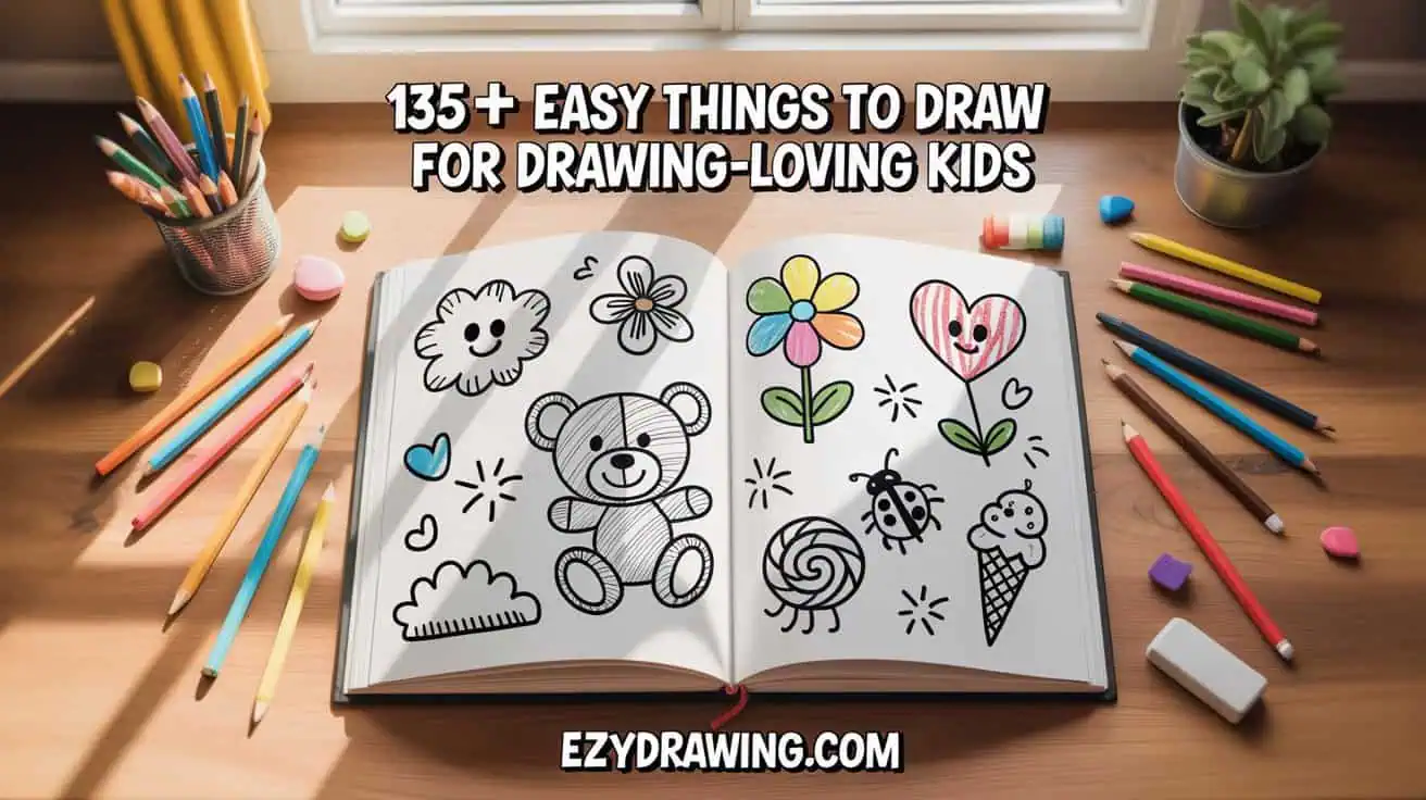 Open sketchbook on a wooden desk showing cute and colorful doodles like a teddy bear, flower, heart, and ice cream cone, surrounded by colored pencils and erasers — perfect for a post about easy things to draw for kids.