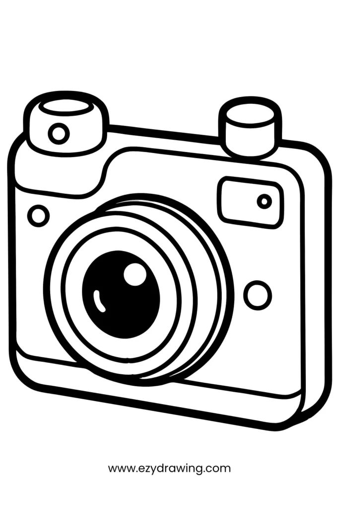 Simple camera drawing with lens details and round buttons, ideal for creative kids learning to draw objects.