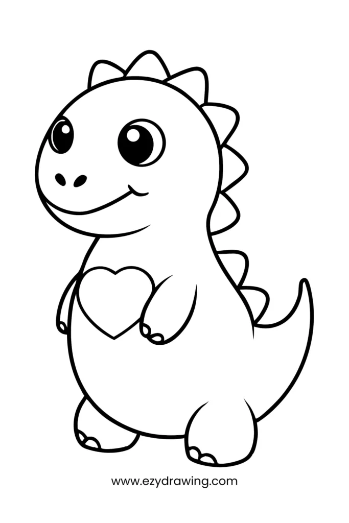 Dinosaur with a heart on chest, perfect for young kids who love cute creatures—adds fun to your things to draw list.