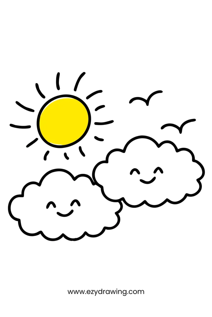 Easy sky drawing with happy sun and smiling clouds—one of the cutest and easy things to draw for kids.