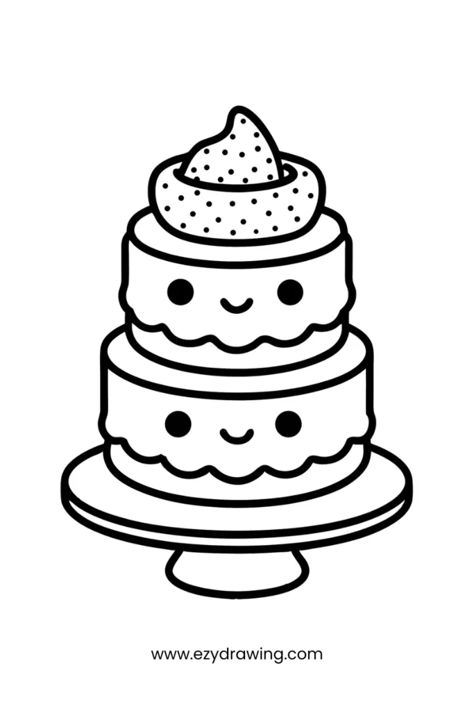 Layered cake with smiley faces, great for birthday and celebration sketches—sweet pick for creative things to draw.