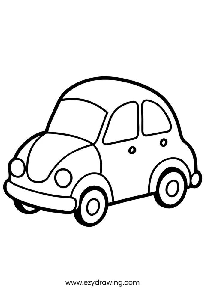 Cartoon car with simple curves and large wheels, perfect for vehicle-themed drawings and transportation sketch prompts.