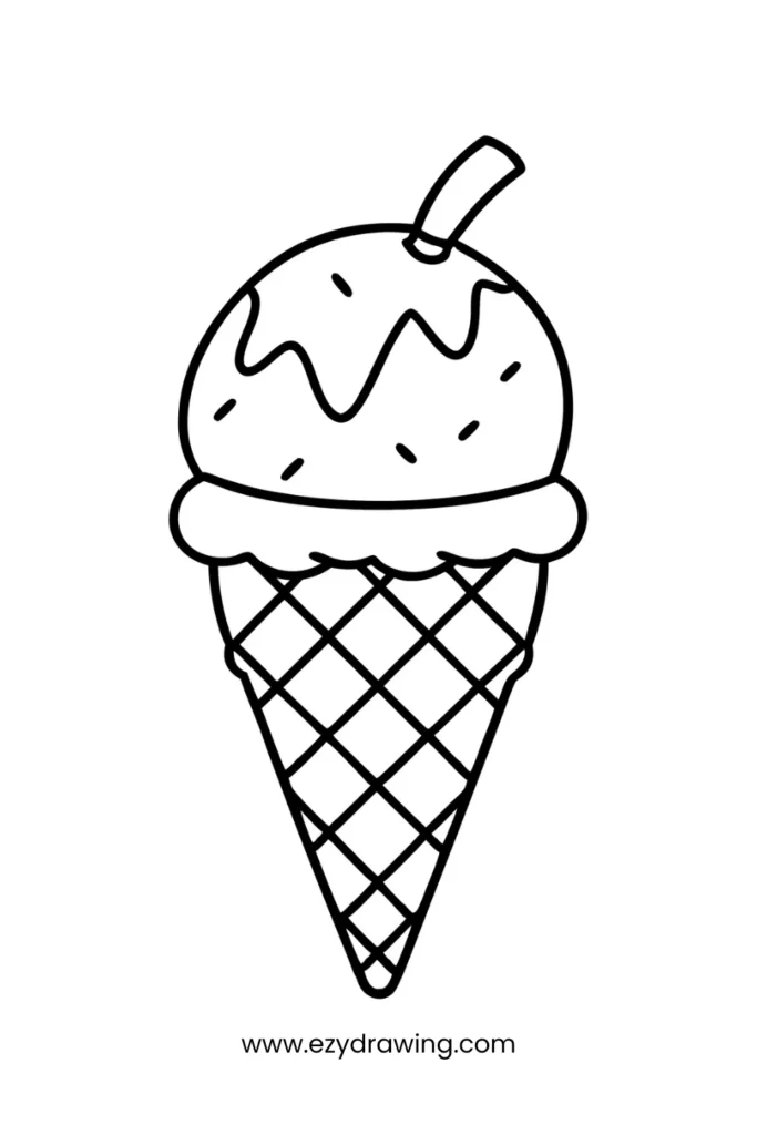 An ice cream scoop in a cone with sprinkles and a cherry—super sweet and easy thing to draw.