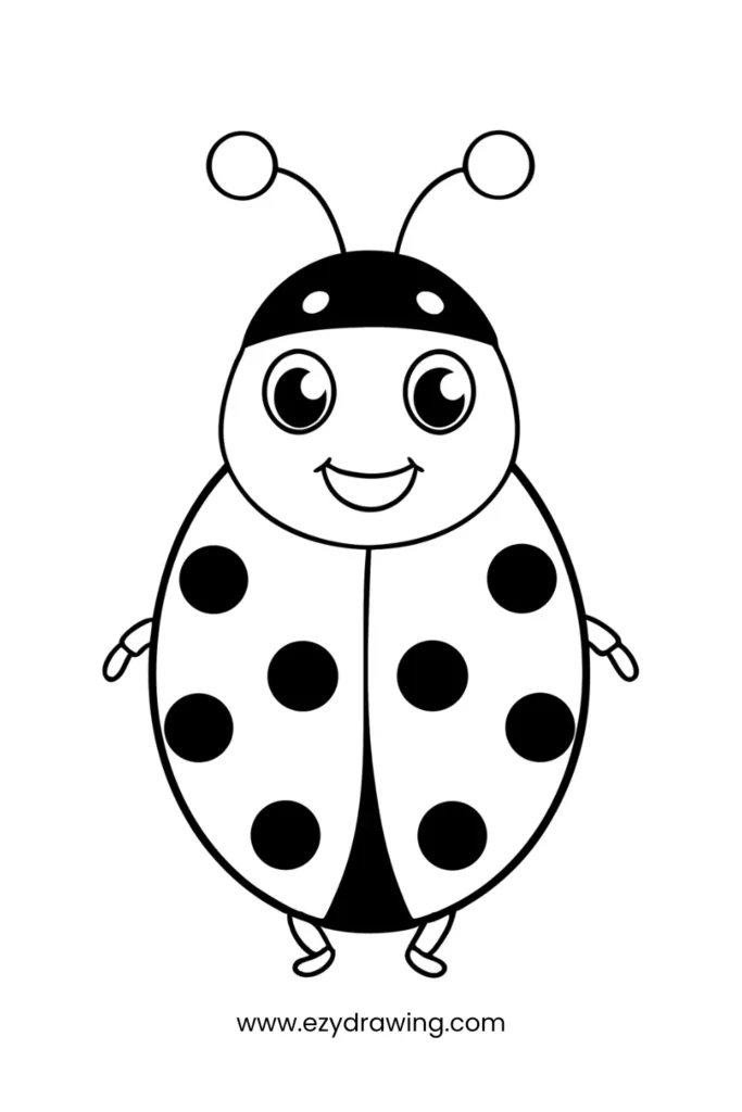 Cute ladybug drawing with big eyes and polka-dot wings—one of the most fun and easy things to draw for kids.