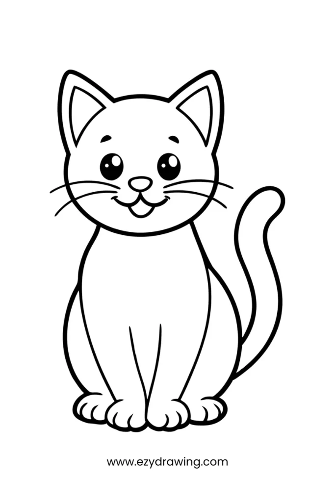 Cute cat sitting with a happy expression and big round eyes, designed as an easy animal drawing for kids to enjoy.
