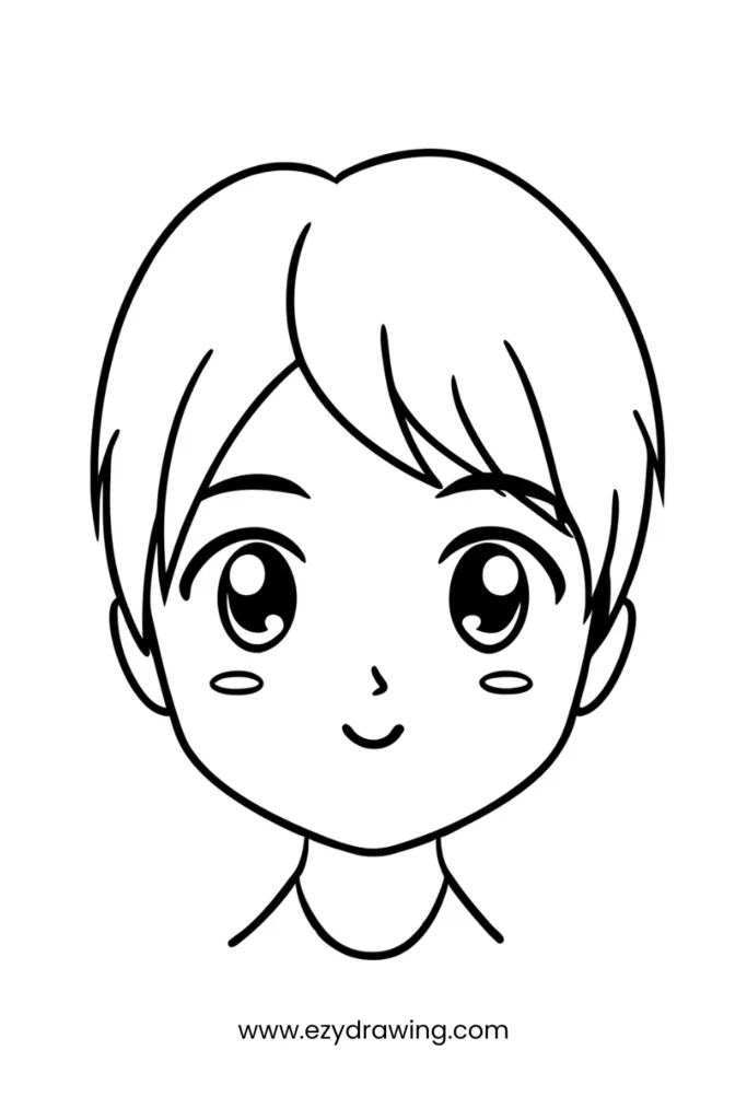 Cute anime-style boy face with big sparkly eyes and a sweet smile, perfect for easy cartoon face drawing for kids.