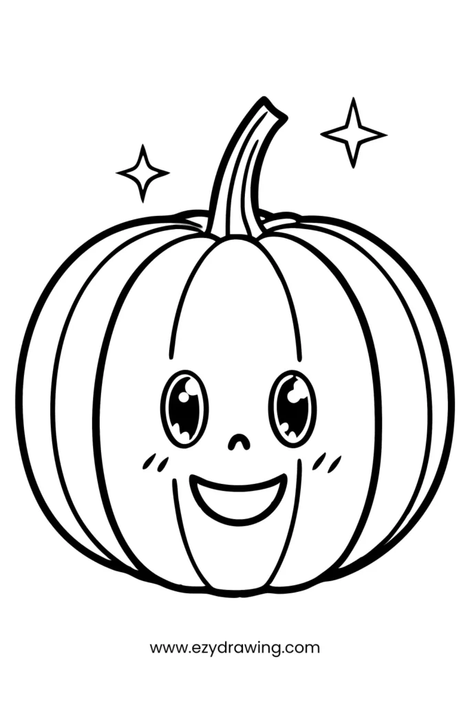 A cute pumpkin with sparkly eyes and smiling face, fun and easy thing to draw for Halloween.