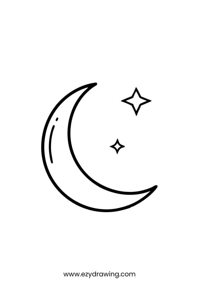 Crescent moon with two twinkling stars beside it, minimalistic celestial drawing ideal for nighttime-themed sketch practice.