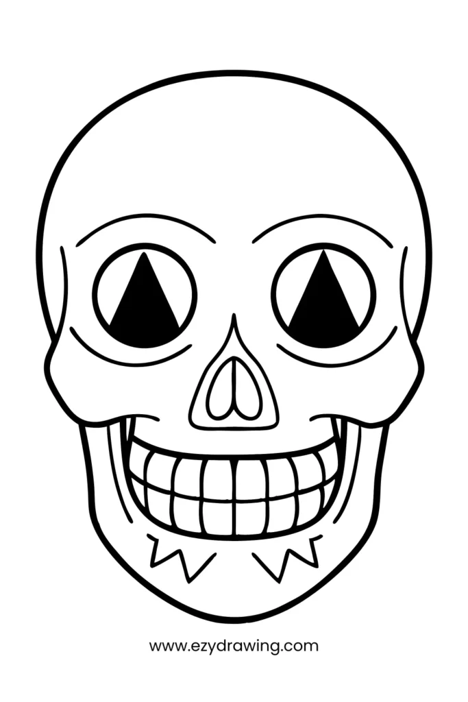 Smiling skull with bold outlines and triangle eyes—spooky yet easy thing to draw for kids.