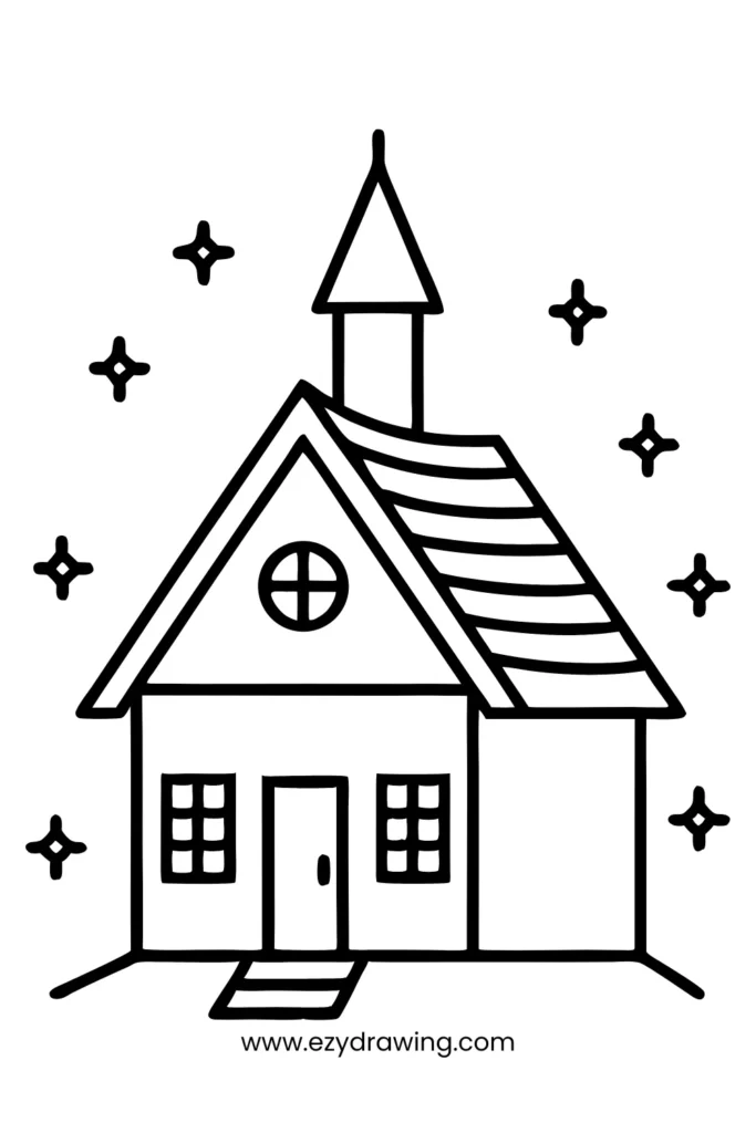 A cartoon-style house with a steeple roof and star sparkles—one of the most classic and easy things to draw.