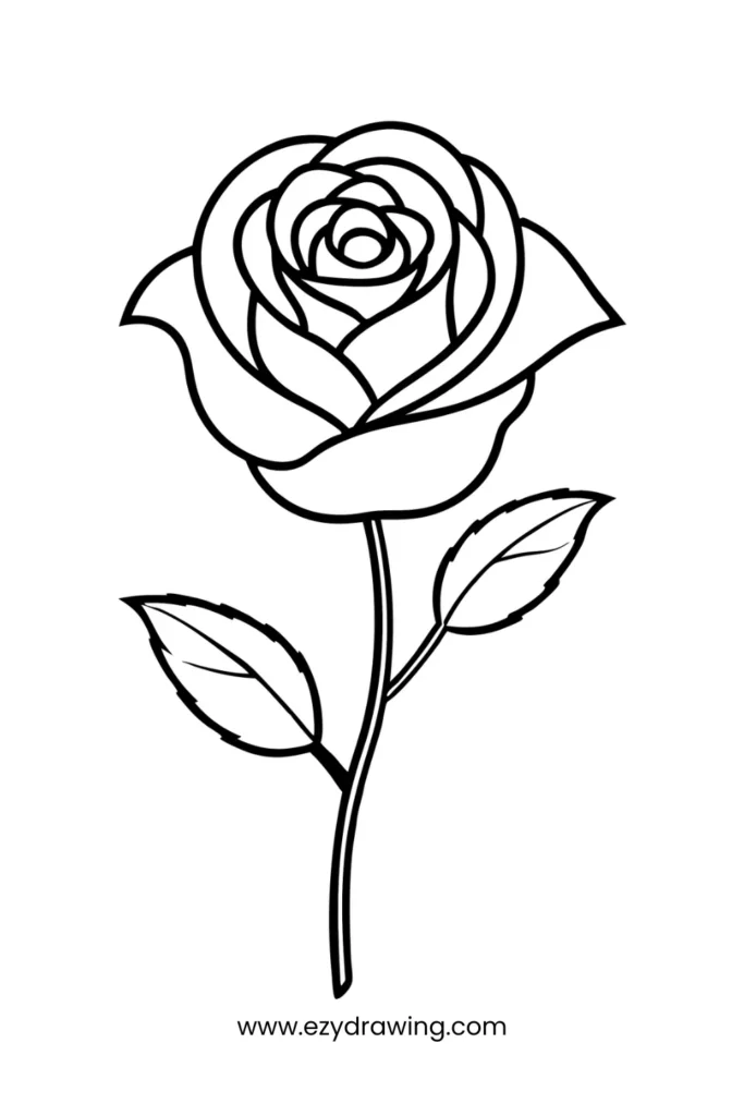 Beautiful rose flower with layered petals and three leaves on a stem, a step-by-step floral drawing idea for kids.