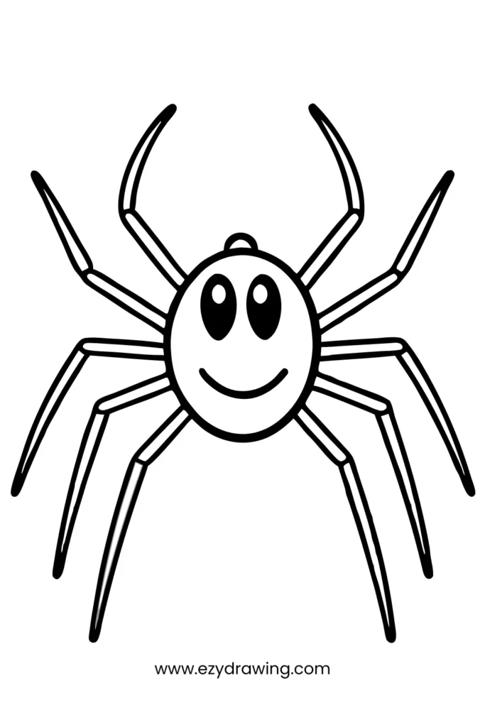 Smiling cartoon spider with big eyes and eight curved legs, ideal for simple kids’ Halloween-themed art and easy sketching ideas.