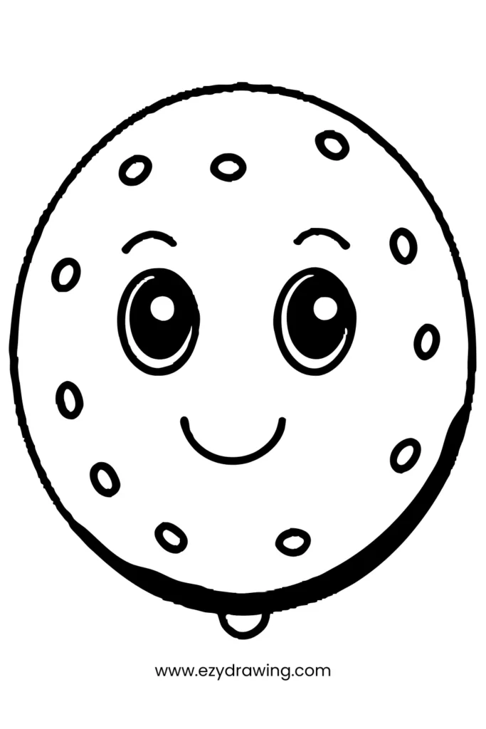 Smiling cookie drawing with chocolate chips and cute eyes, ideal for sweet treat doodles and fun snack-themed sketching.
