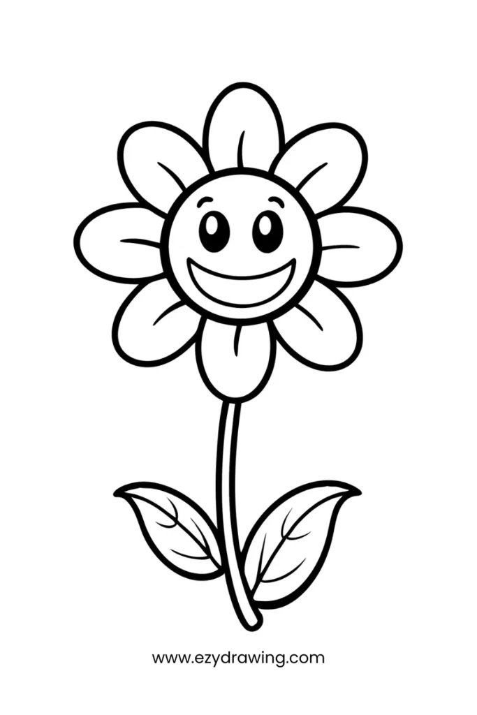 Adorable smiling flower drawing for kids, perfect for coloring and learning symmetry—an easy thing to draw for beginners.