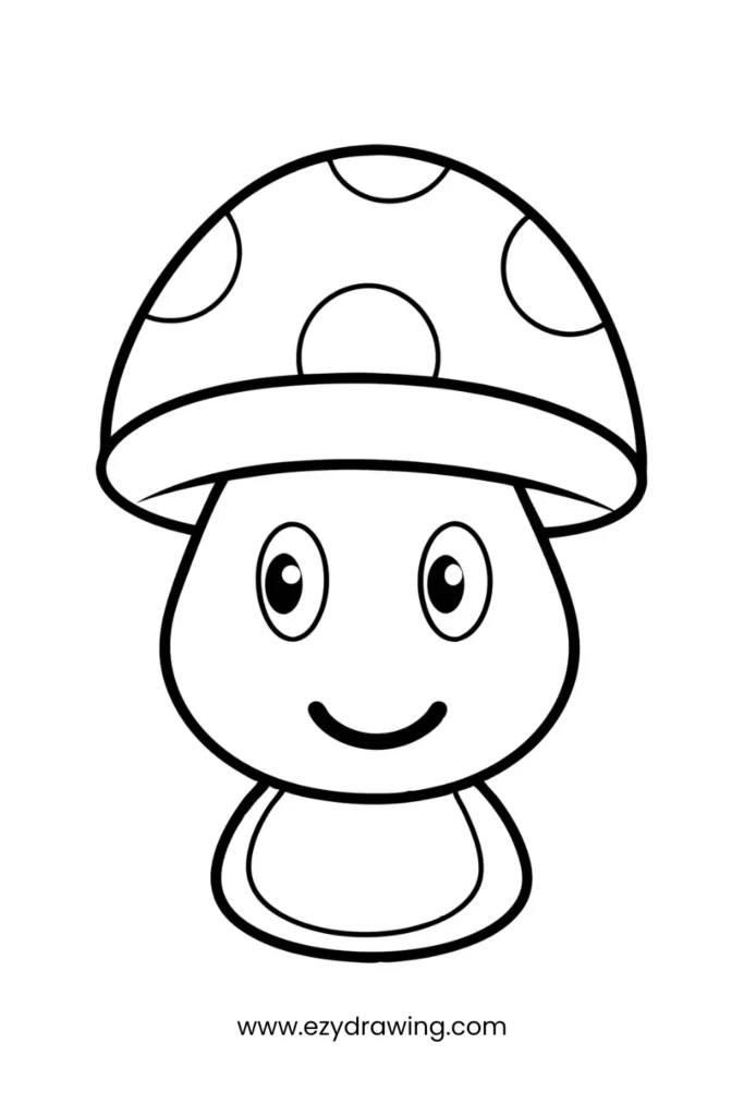 Adorable mushroom with a spotted cap and smiley face, one of the most fun and easy things to draw.