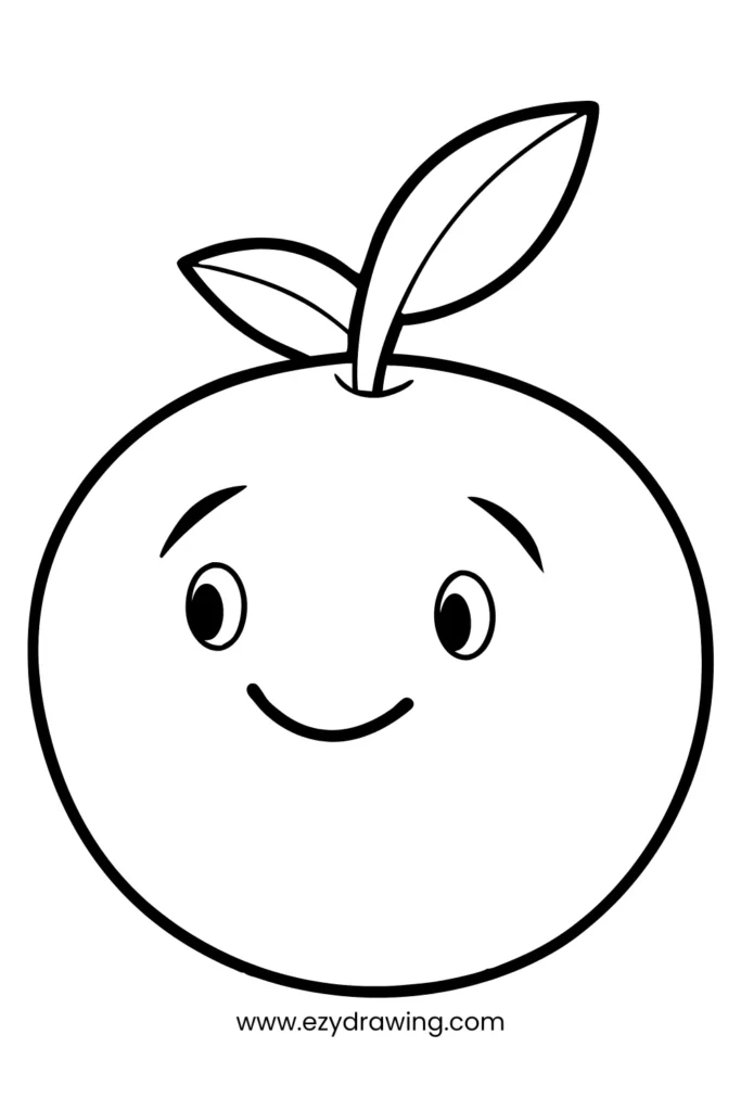 A cartoon peach with a gentle smile and two leaves, perfect for fruit-themed easy things to draw.
