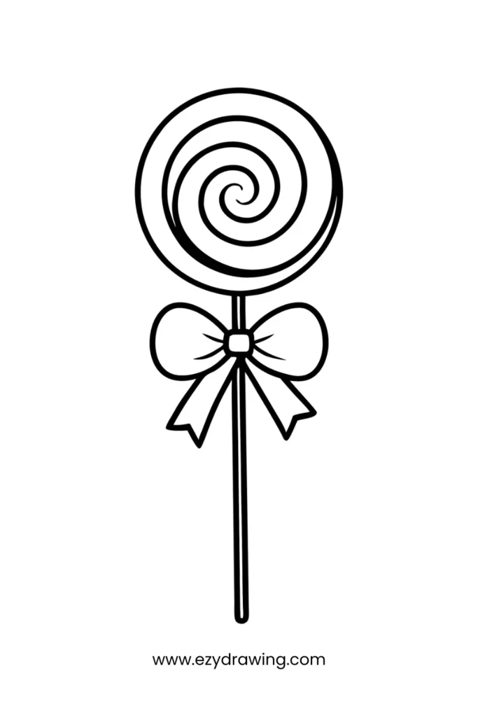 A spiral lollipop with a ribbon bow, ideal for candy-themed easy things to draw.