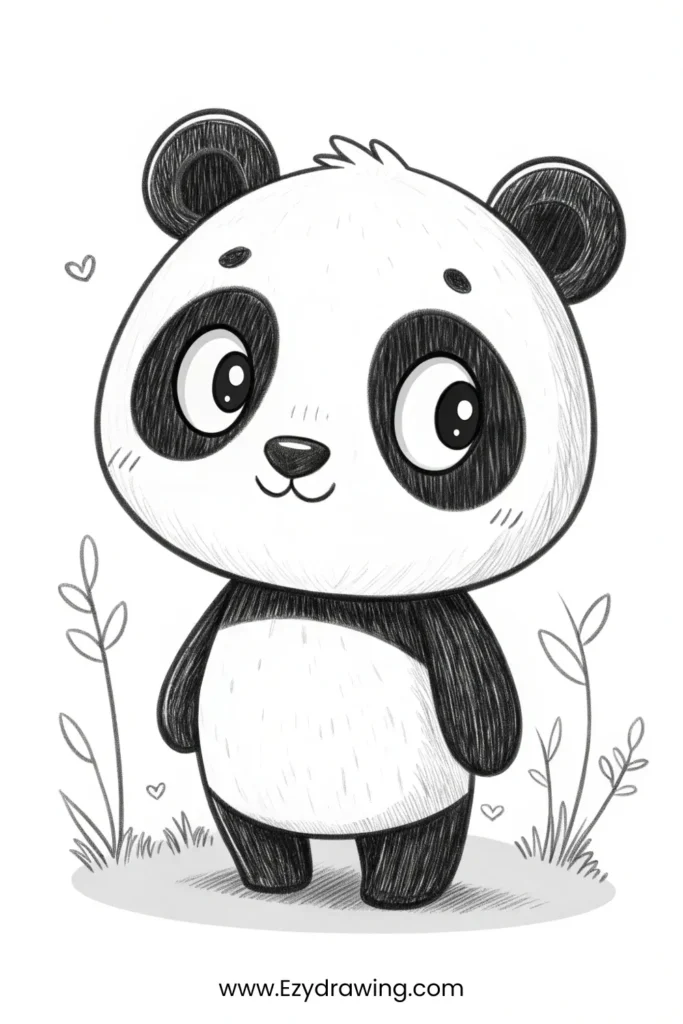 Simple black and white panda standing on grass with heart and leaf doodles – www.Ezydrawing.com