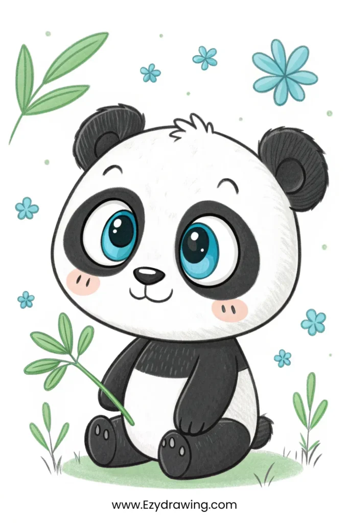 Cute sitting panda with big blue eyes holding a bamboo leaf – www.Ezydrawing.com