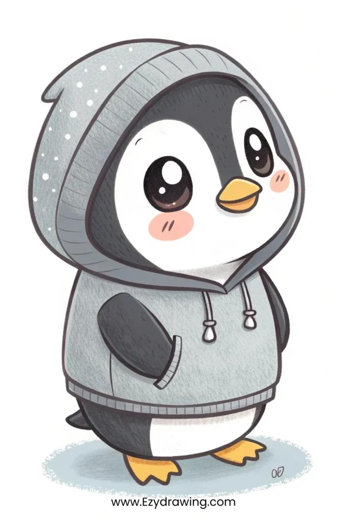 Cute cartoon penguin in a hoodie with blush cheeks, looking upward – www.Ezydrawing.com
