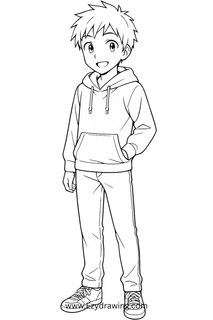 Simple anime boy drawing step by step – sketch of a smiling boy wearing a hoodie, pants, and sneakers.