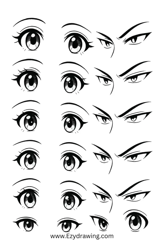 Anime eyes drawing tutorial – multiple eye styles showing different emotions for practice sketches.