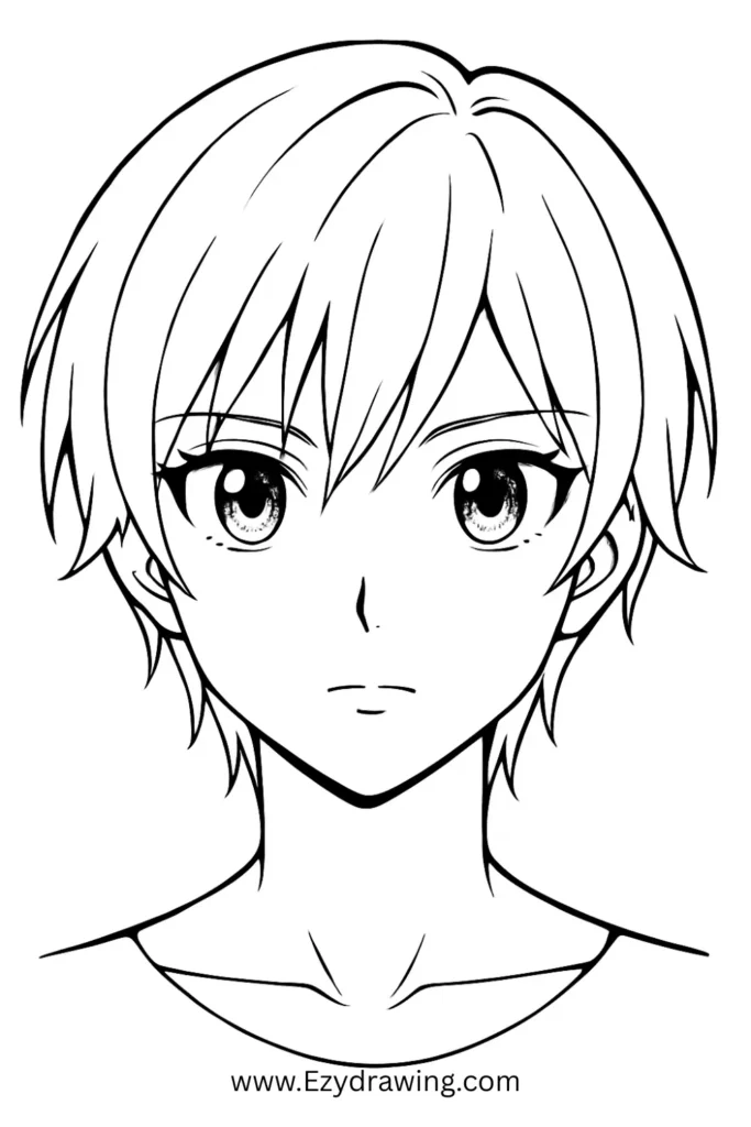 Anime face drawing – sketch of a young anime boy with short hair, big eyes, and neutral expression.