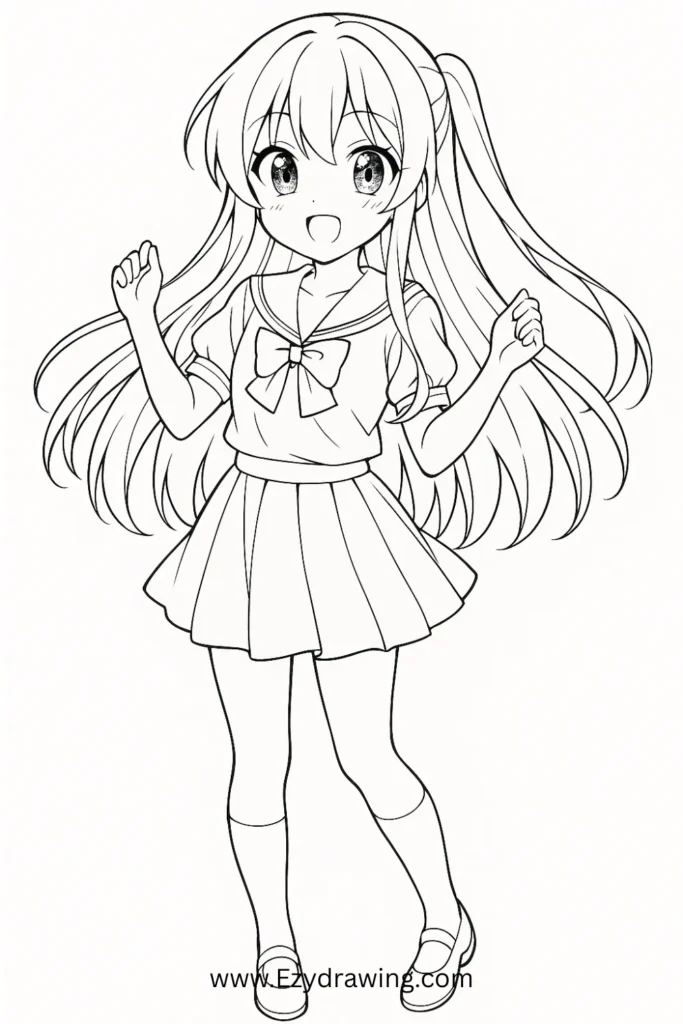 Cute anime girl drawing – schoolgirl with long flowing hair, big shining eyes, and a sailor uniform.