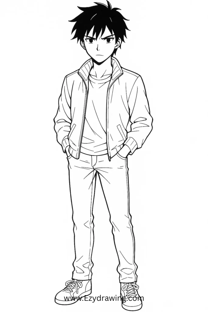 Anime guy drawing – cool male character with jacket, T-shirt, and casual pose.
