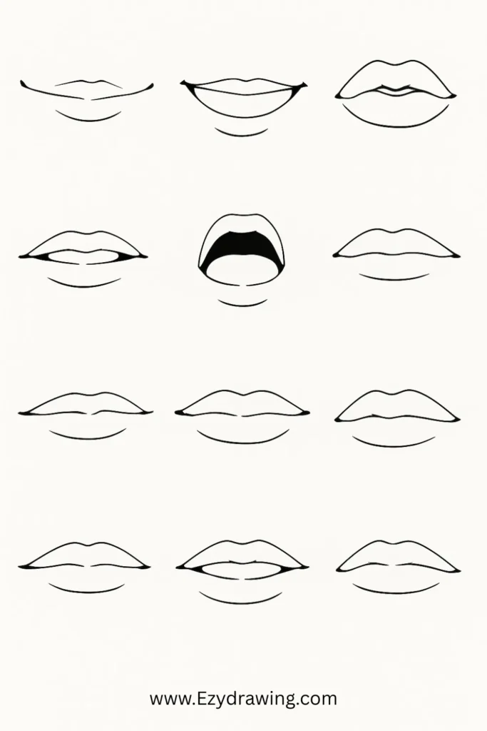 Anime lips drawing guide – step by step sketches of different lip shapes and mouth styles.