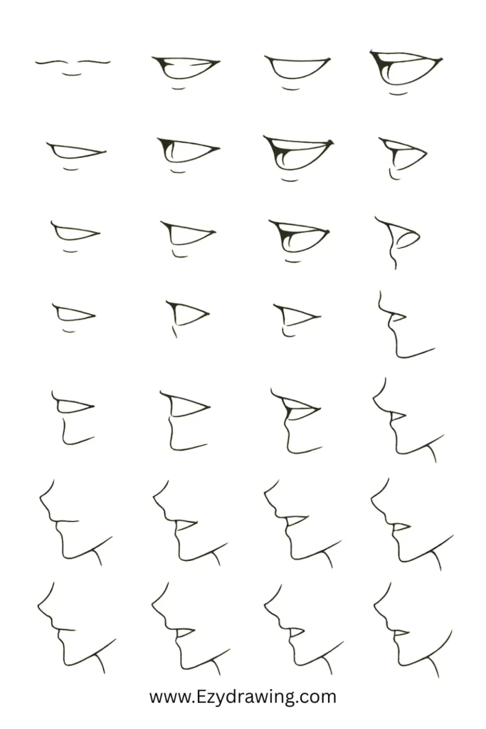 Anime mouth drawing tutorial – side view sketches showing different mouth positions and expressions.