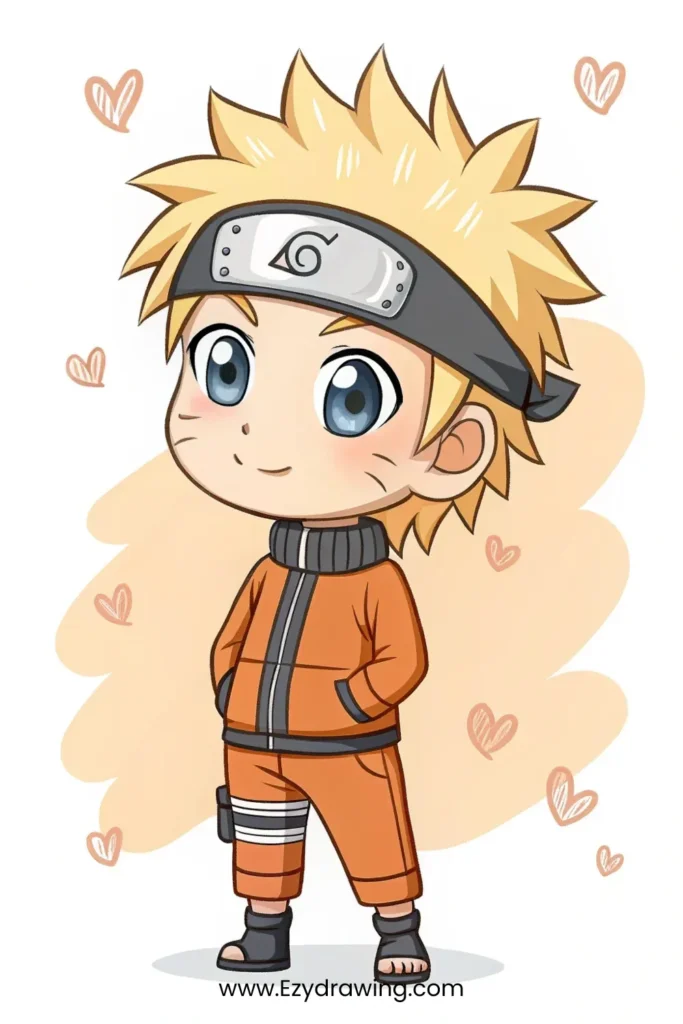Cute chibi-style anime ninja boy in an orange outfit with a headband – www.Ezydrawing.com