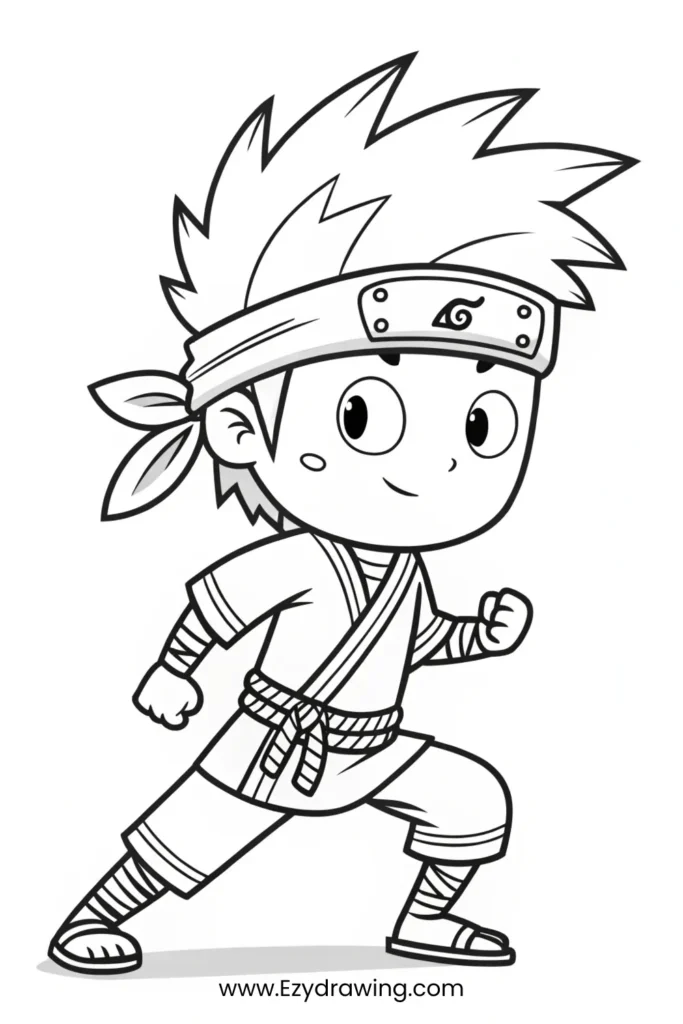 Black and white drawing of a ninja boy in action pose with headband – www.Ezydrawing.com
