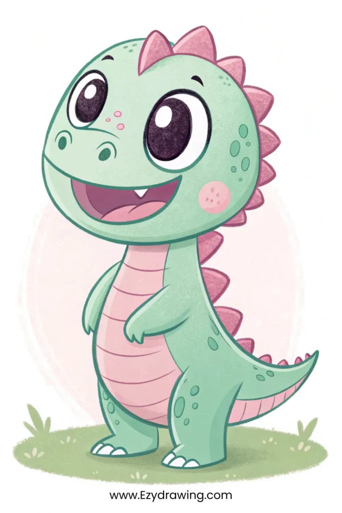 Smiling green baby dinosaur with pink spikes and big eyes – www.Ezydrawing.com