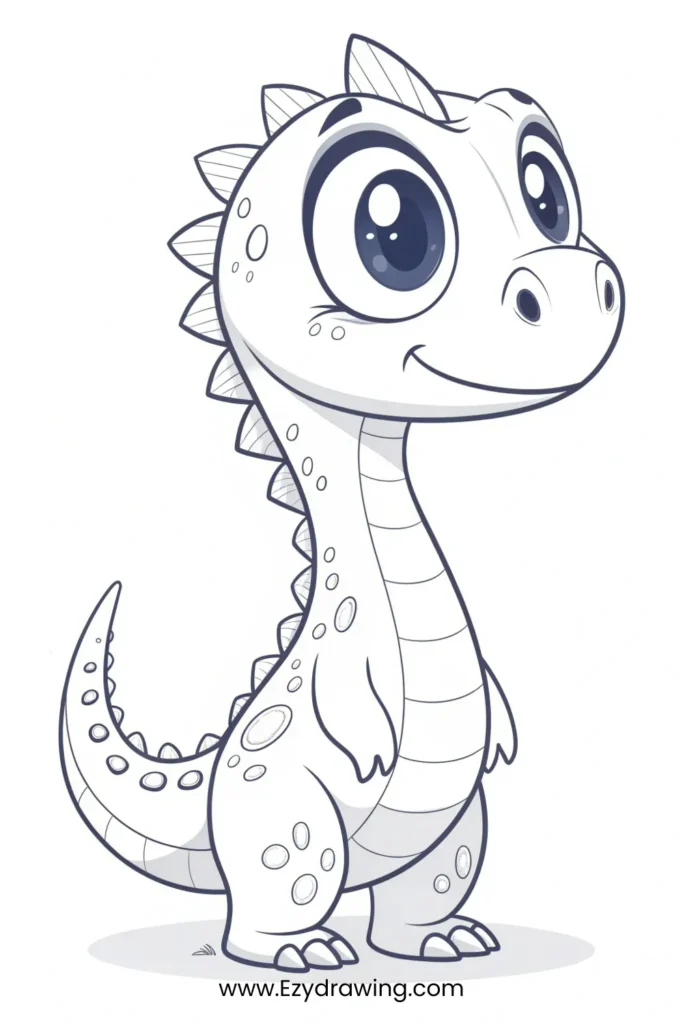 Black and white line art of a cute baby dinosaur with spots and spikes – www.Ezydrawing.com