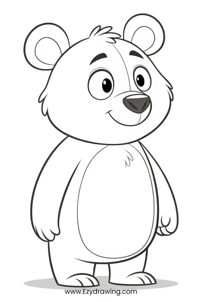 Simple line art of a smiling cartoon bear standing upright – www.Ezydrawing.com