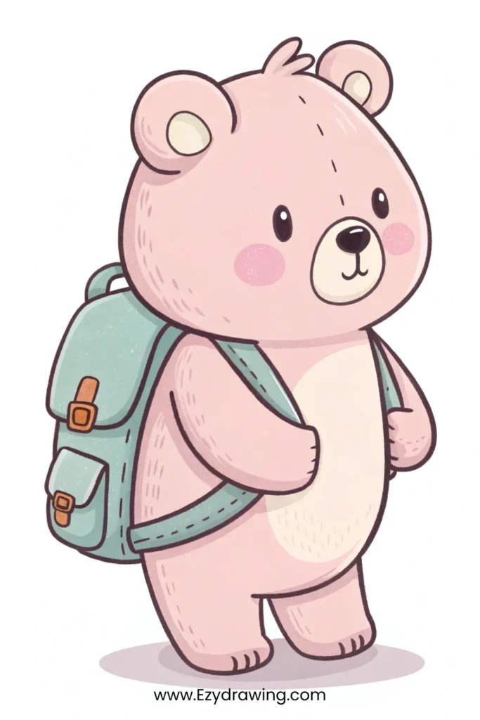 Pink cartoon bear with backpack in a standing pose, perfect for kids –